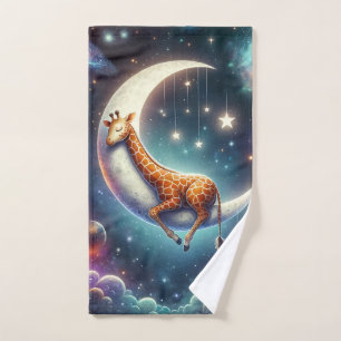 Celestial Baby Giraffe Sleeping on Moon & Stars Bath Towel Set