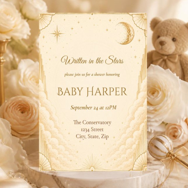 Celestial Baby Shower Invitation | Moon & Stars (Elegant celestial baby shower invitation with moon, stars and gold details.)