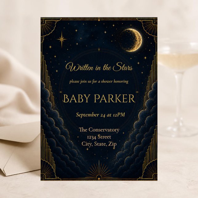 Celestial Baby Shower Invitation | Navy Blue (Elegant celestial baby shower invitation with navy skies, gold Art Deco details and glowing moon.)