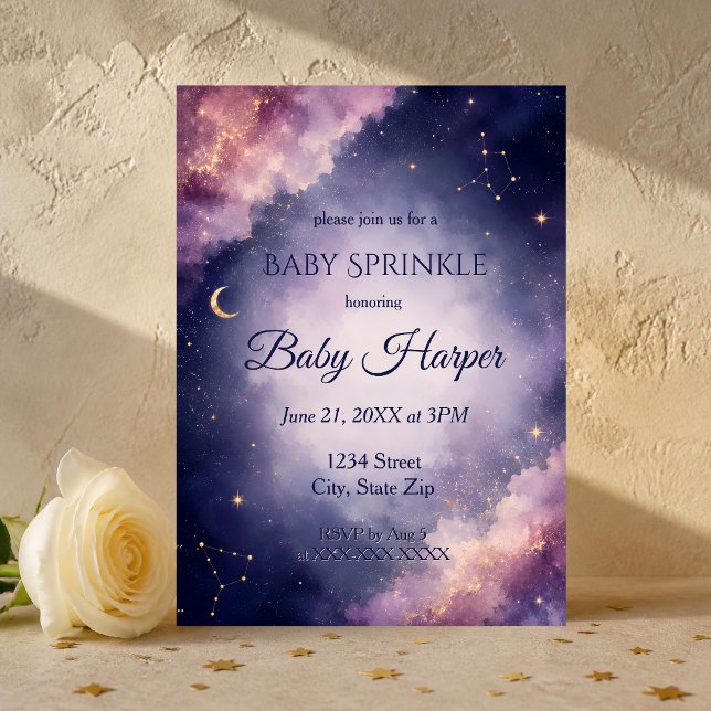 Celestial Baby Sprinkle Invitation | Watercolor (Dreamy celestial baby sprinkle invitation with watercolor galaxy clouds, moon and sparkling stars.)