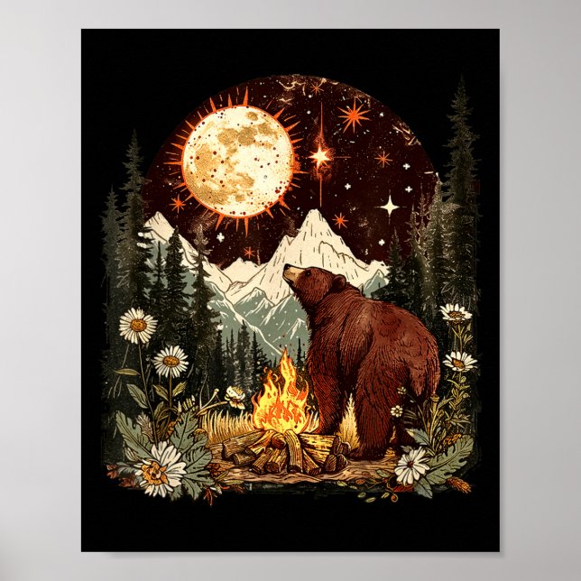 Celestial bear campfire moon camper camping poster (Front)