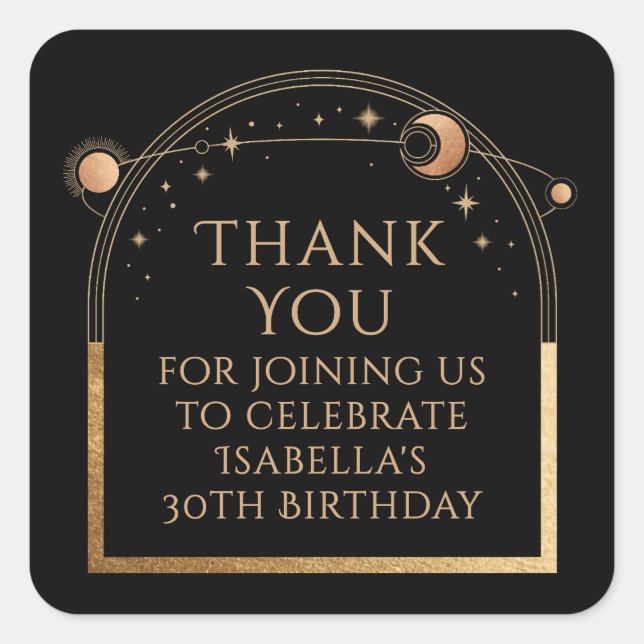 Celestial Birthday Black Gold Thank You Square Sticker (Front)