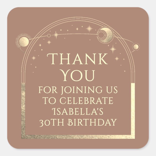 Celestial Birthday Mocha Gold Thank You Square Sticker (Front)