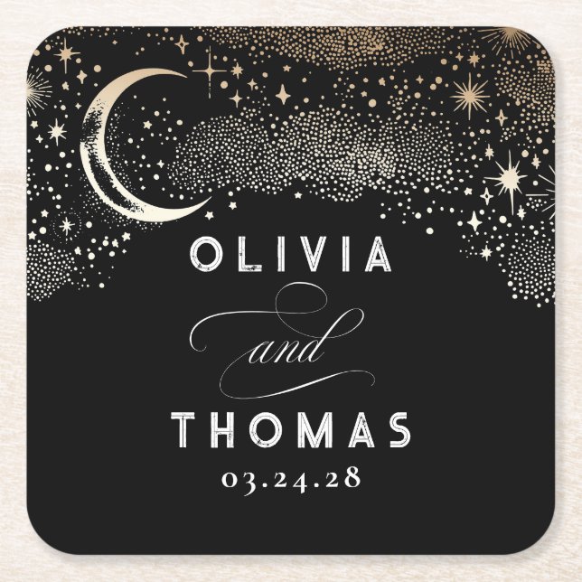 Celestial Black and Gold Mystical Wedding Square Paper Coaster (Front)