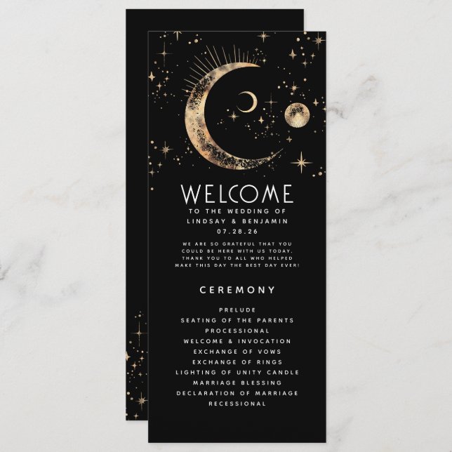 Celestial Black and Gold Wedding Programs Programme (Front/Back)