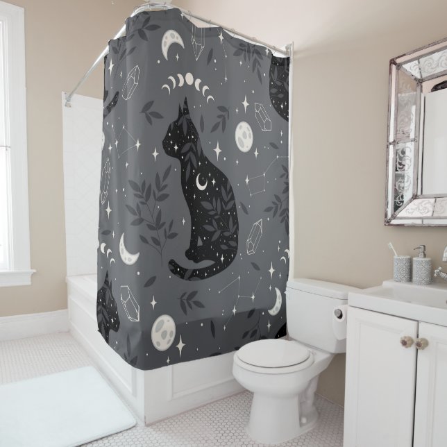 Celestial Black Cat Pattern with Moon Phases, Crys Shower Curtain (In Situ)