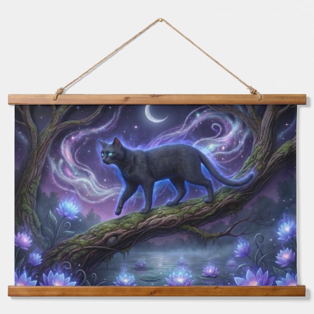 Celestial Black Cat Wall Tapestry - Magical Moon & (Front)