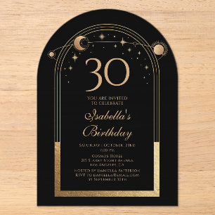 Celestial Black Gold 30th Birthday Sun Moon Stars Acrylic Invitations