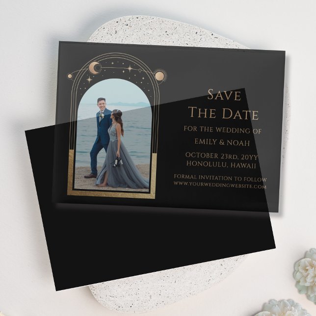 Celestial Black Gold Arch Photo Wedding Vellum Invitations (Creator Uploaded)