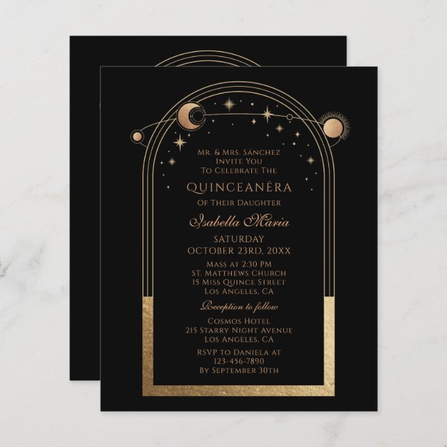 Celestial Black Gold Bilingual Spanish Quinceañera (Front/Back)