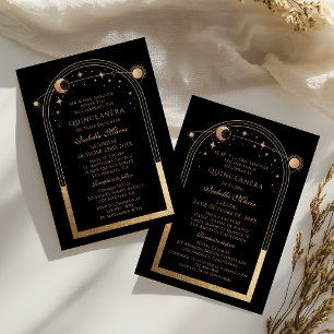 Celestial Black Gold Bilingual Spanish Quinceañera Invitation