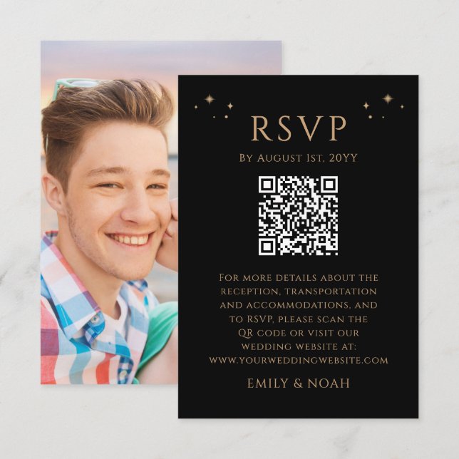 Celestial Black Gold Budget QR Code RSVP Photo Enclosure Card (Front/Back)