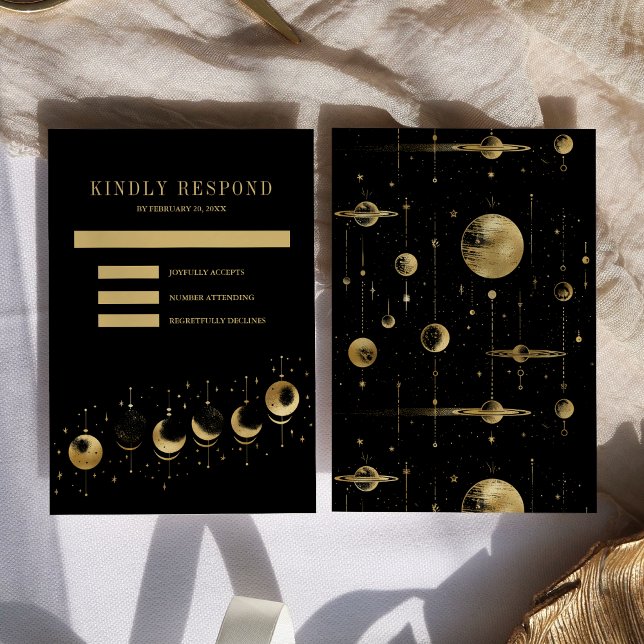 Celestial Black Gold Crescent Moon Phases Wedding RSVP Card (Creator Uploaded)