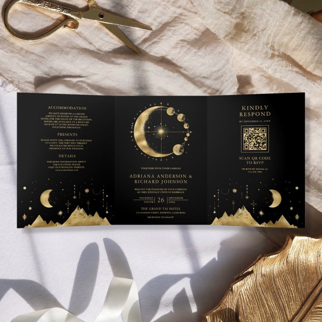 Celestial Black Gold Crescent Moon Phases Wedding Tri-Fold Invitation (Creator Uploaded)