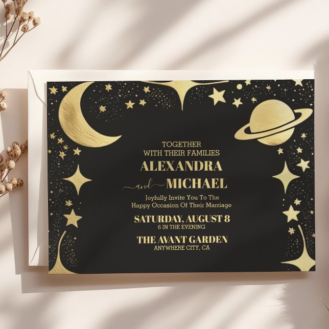 Celestial Black Gold Crescent Moon Wedding Invitation (Creator Uploaded)