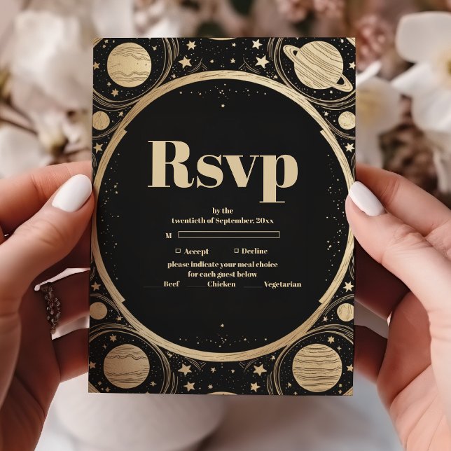 Celestial Black Gold Crescent Moon Wedding RSVP Card (Creator Uploaded)
