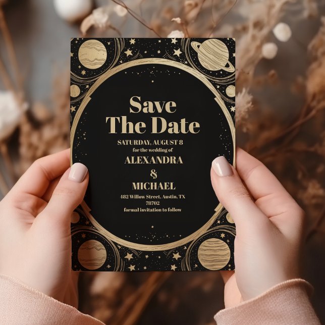 Celestial Black Gold Crescent Moon Wedding Save The Date (Creator Uploaded)