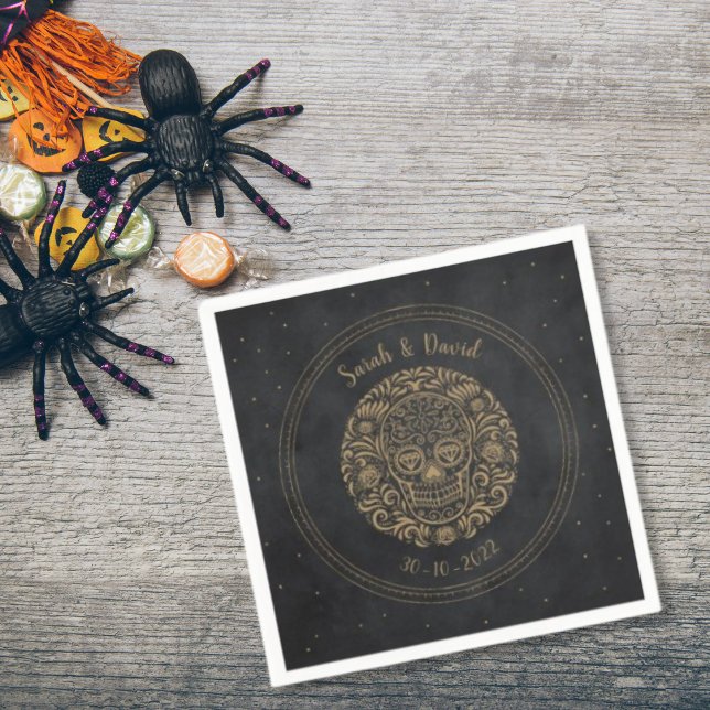 Celestial Black Gold Floral Skull Gothic Halloween Napkin (Creator Uploaded)