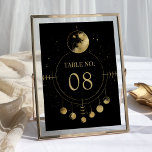 Celestial Black Gold Moon Phases Wedding Table Number<br><div class="desc">Elegant wedding table number featuring a beautiful illustration showing moon phases and modern typography.</div>