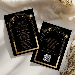 Celestial Black Gold QR Code Quinceañera Invitation