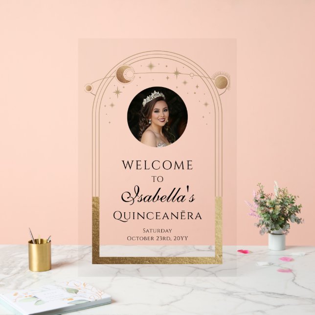 Celestial Black Gold Quinceañera Birthday Welcome  Acrylic Sign (Wedding)