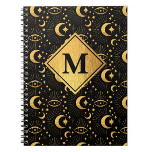 Celestial Black & Gold Stars Moon Pattern Monogram Notebook