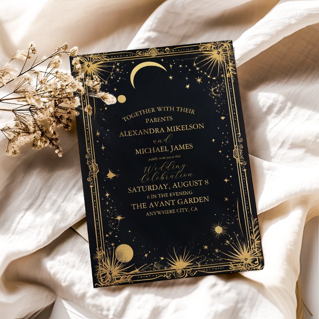 Celestial Black Gold Sun Moon Astronomy Wedding Invitation (Creator Uploaded)
