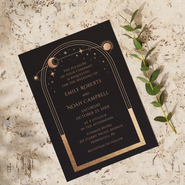 Celestial Black Gold Sun Moon Astronomy Wedding Invitation (Creator Uploaded)