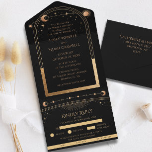 Celestial Black Gold Sun Moon Celestial Wedding All In One Invitation