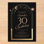 Celestial Black Gold Sun Moon Stars 30th Birthday Acrylic Invitations<br><div class="desc">Celestial Black Gold Sun Moon Astronomy 30th Birthday Acrylic Invitations features an elegant gold sun,  moon and stars with a golden frame on a black background. Inside is your custom thirtieth birthday invitation information. Personalise by editing the text in the text boxes. Designed for you by Evco Studio www.zazzle.com/store/evcostudio</div>