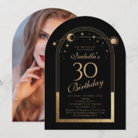Celestial Black Gold Sun Moon Stars 30th Birthday