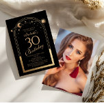 Celestial Black Gold Sun Moon Stars 30th Birthday Invitation<br><div class="desc">Celestial Black Gold Sun Moon Astronomy 30th Birthday Photo Invitations features an elegant gold sun,  moon and stars with a golden frame on a black background. Inside is your custom thirtieth birthday invitation information. On the reverse add your favourite photo. Designed for you by Evco Studio www.zazzle.com/store/evcostudio</div>
