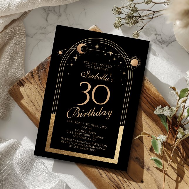 Celestial Black Gold Sun Moon Stars 30th Birthday Invitation (Creator Uploaded)