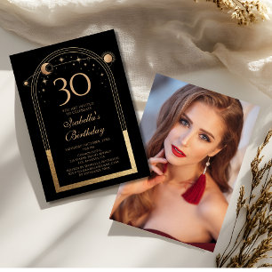 Celestial Black Gold Sun Moon Stars 30th Birthday Invitation