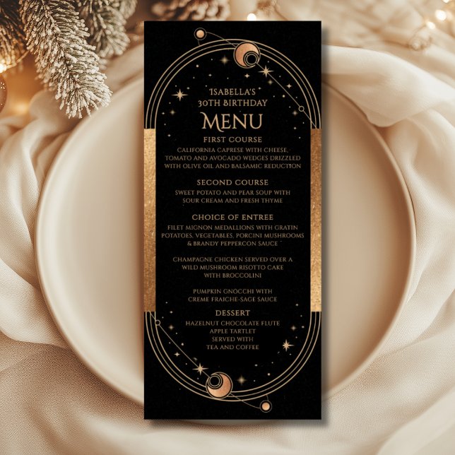 Celestial Black Gold Sun Moon Stars 30th Birthday Menu (Creator Uploaded)