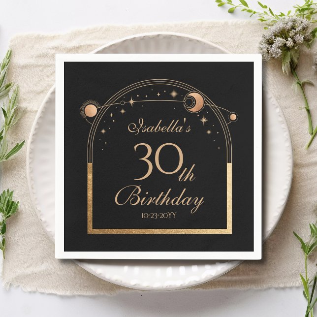 Celestial Black Gold Sun Moon Stars 30th Birthday Napkin (Creator Uploaded)