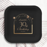 Celestial Black Gold Sun Moon Stars 30th Birthday Paper Plate<br><div class="desc">Celestial Black Gold Sun Moon Astronomy 30th Birthday Paper Plates features an elegant gold sun,  moon and stars with a golden frame on a black background. Inside is your custom thirtieth birthday information. Personalise by editing the text in the text boxes. Designed for you by Evco Studio www.zazzle.com/store/evcostudio</div>