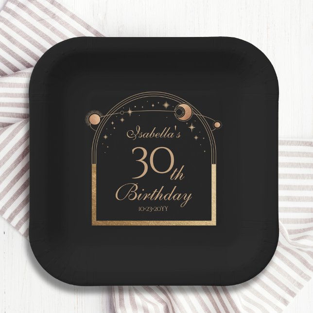 Celestial Black Gold Sun Moon Stars 30th Birthday Paper Plate (Creator Uploaded)