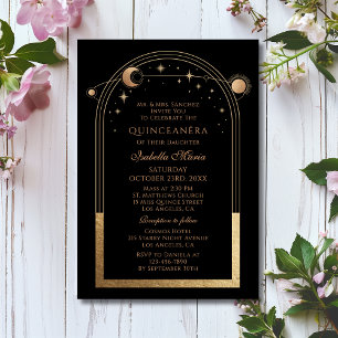 Celestial Black Gold Sun Moon Stars Quinceañera Invitation
