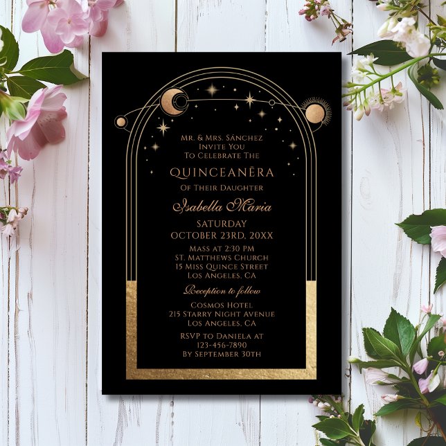 Celestial Black Gold Sun Moon Stars Quinceañera Invitation (Creator Uploaded)