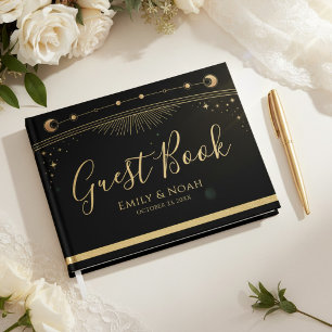 Celestial Black Gold Sun Moon Stars Wedding Guest Book