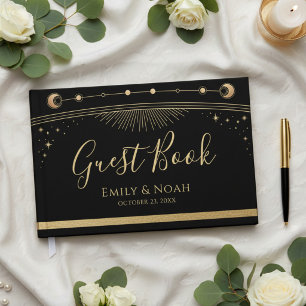 Celestial Black Gold Sun Moon Stars Wedding Guest Book