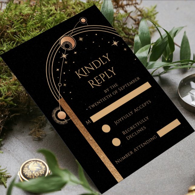 Celestial Black Gold Sun Moon Stars Wedding RSVP Card (Creator Uploaded)
