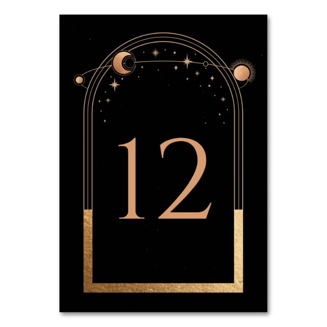 Celestial Black Gold Sun Moon Wedding Table Number (Front)
