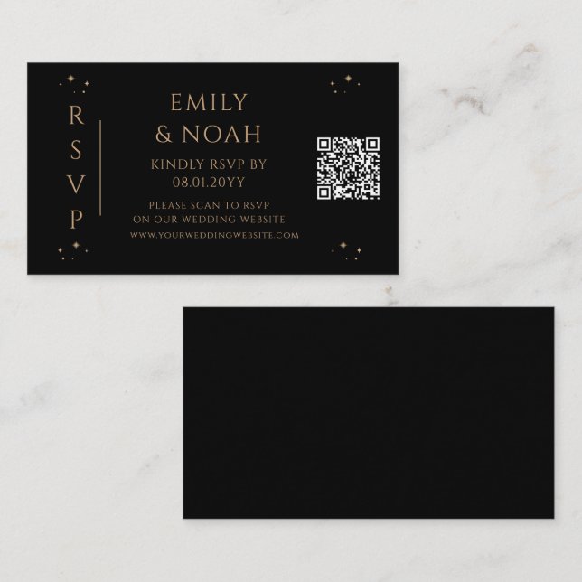 Celestial Black Gold Wedding QR Code RSVP Enclosure Card (Front/Back)