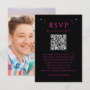 Celestial Black Purple Budget QR Code RSVP Photo Enclosure Card