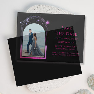Celestial Black Purple Photo Wedding Save The Date Vellum Invitations