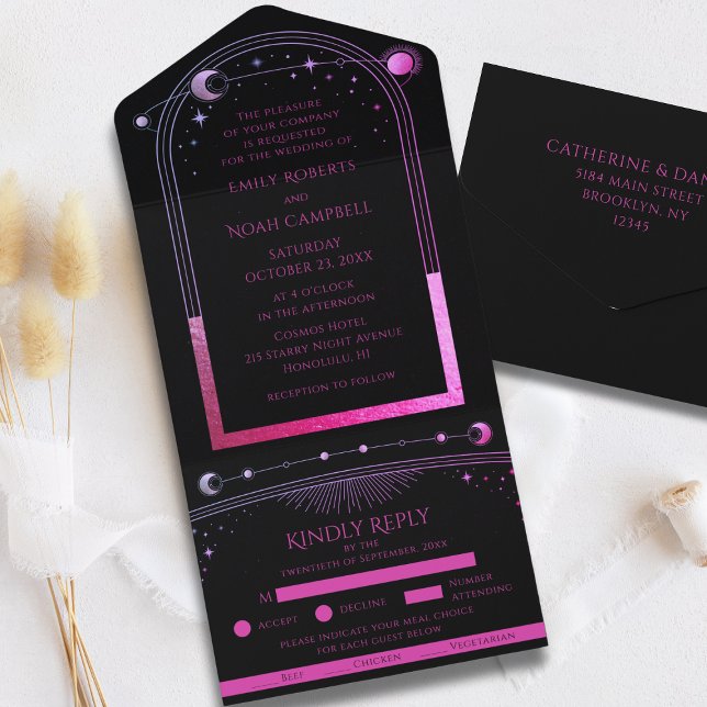 Celestial Black Purple Sun Moon Astronomy Wedding All In One Invitation (Creator Uploaded)