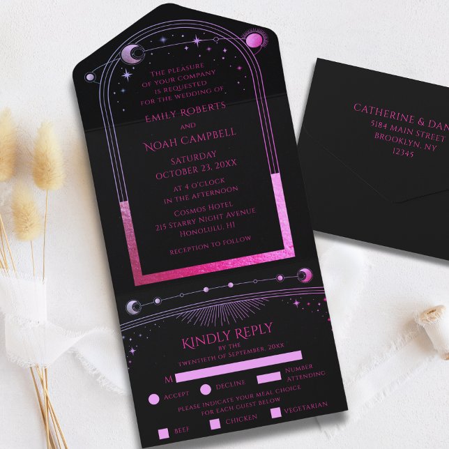 Celestial Black Purple Sun Moon Astronomy Wedding All In One Invitation (Creator Uploaded)