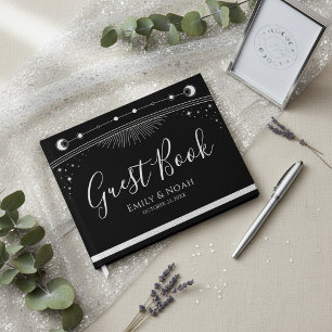 Celestial Black Silver Sun Moon Stars Wedding  Guest Book